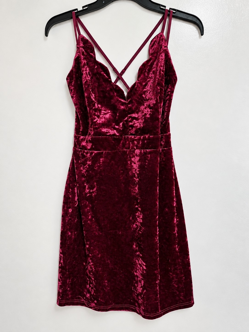 Trac Velvet Mini Dress in Burgundy with Double Spaghetti Straps